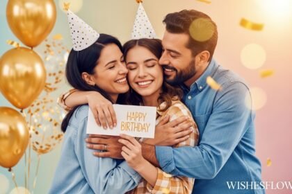 Parents hugging daughter on her birthday with balloons and card - Birthday Wishes for Daughter