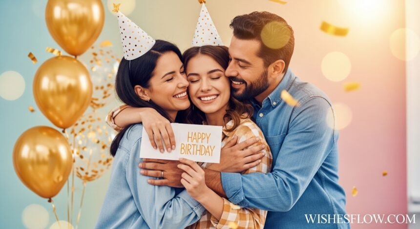 Parents hugging daughter on her birthday with balloons and card - Birthday Wishes for Daughter