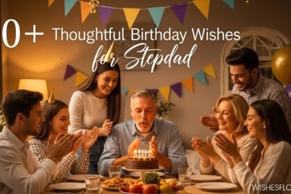 Happy blended family celebrating stepdad's birthday with cake and decorations