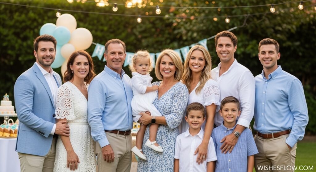 Happy blended family portrait with stepdad, stepchildren, and grandchildren at birthday party