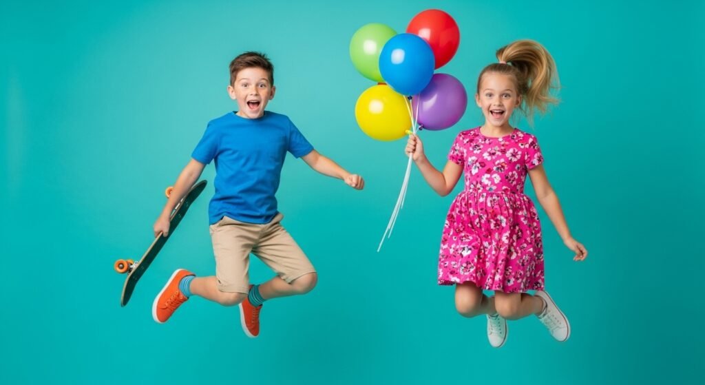 Happy boy and girl twins jumping with balloons, perfect for birthday wishes for twins boy and girl.