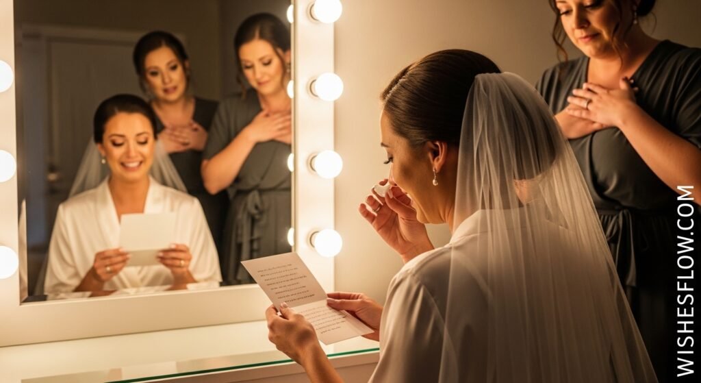Bride crying happy tears while reading a handwritten wedding card from her parents in the bridal suite — Wedding Wishes for Daughter
