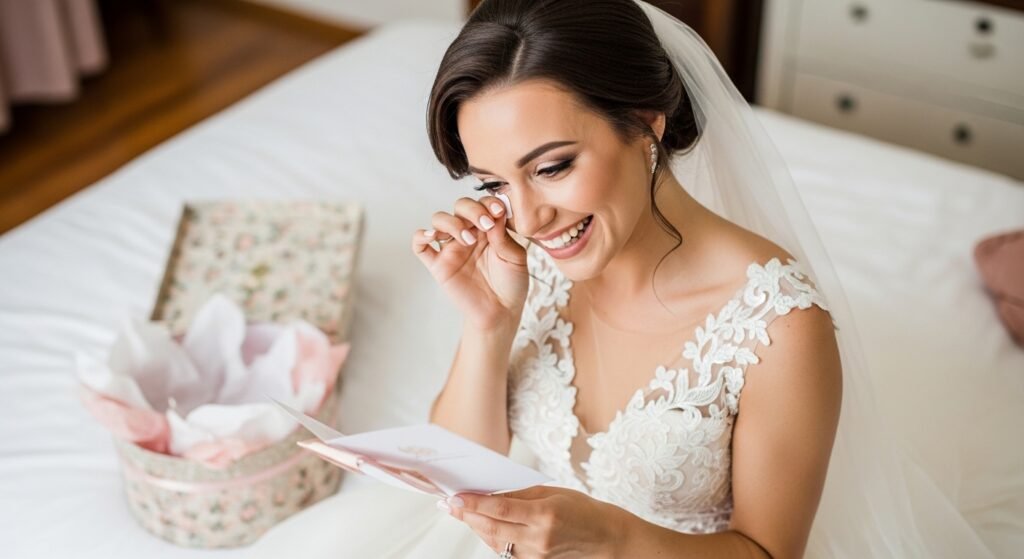 Niece bride crying happy tears while reading heart touching wedding card wishes from her aunt on wedding day