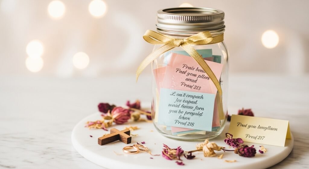 A beautiful blessing jar filled with handwritten Bible verses and Christian wedding wishes as a creative wedding gift idea