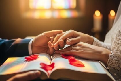 A couple's hands holding an open Bible at a church altar with golden sunlight through stained glass windows representing Christian wedding wishes