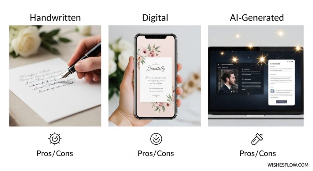 Comparison of handwritten, digital, and AI-generated wedding card options