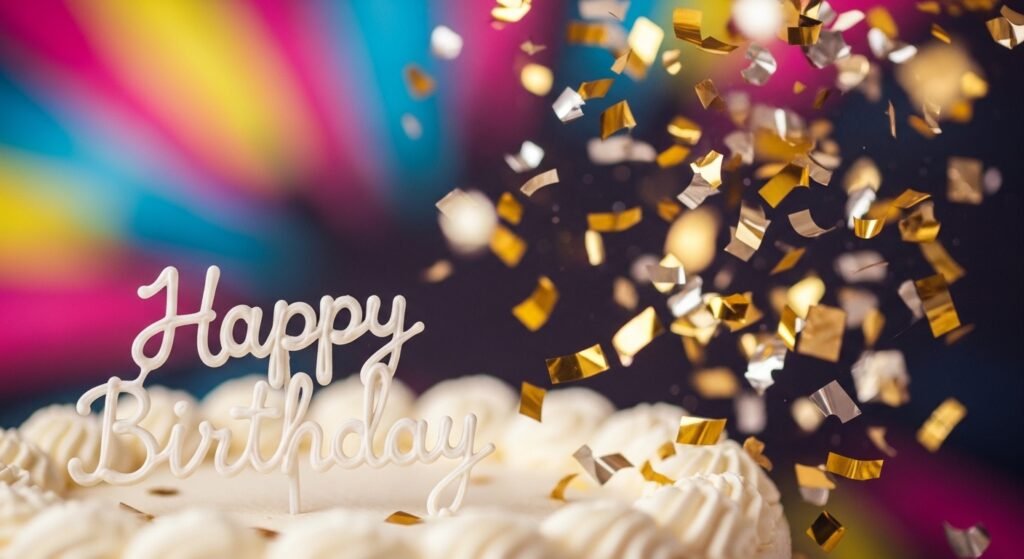 Colorful confetti popping over a birthday cake, inviting users to use the birthday wishes generator.
