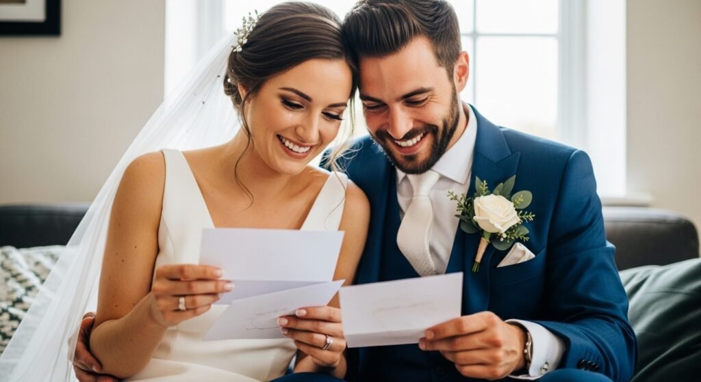 Happy newlywed couple reading heartfelt religious wedding wishes and cards together