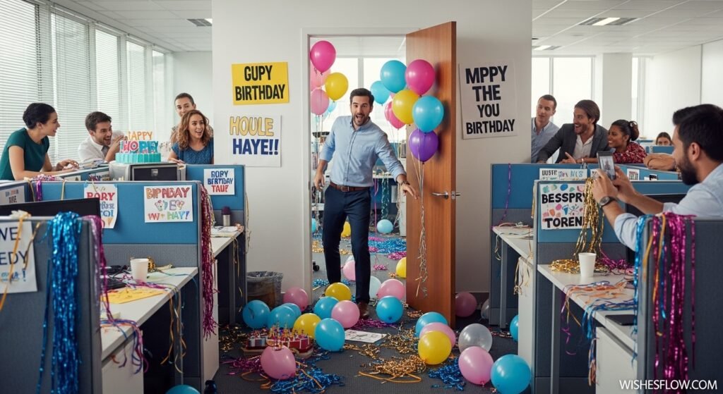 Office birthday surprise prank as creative delivery for funny birthday wishes for men