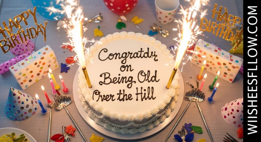 Beautifully decorated birthday cake with sarcastic funny message written in frosting surrounded by candles and party decorations