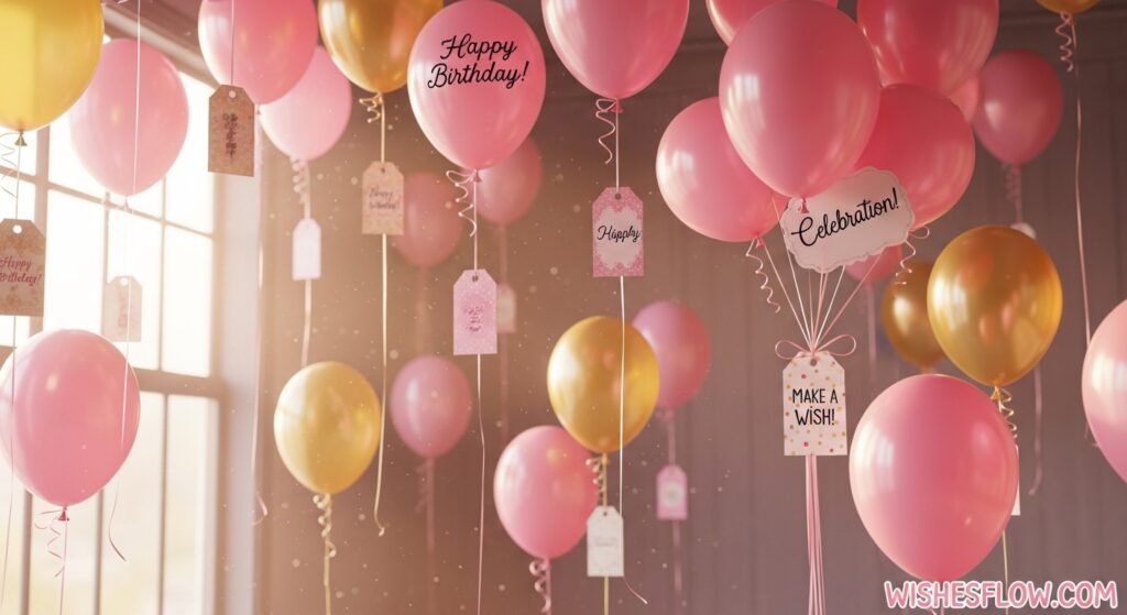 Room filled with birthday balloons with attached wish messages