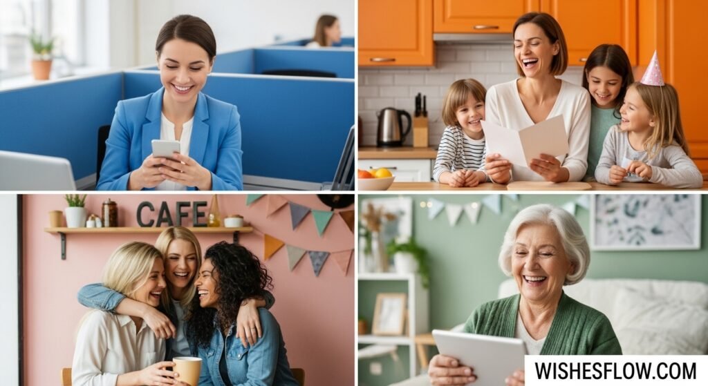 Collage showing different women receiving funny birthday wishes - coworker, mom, sister, and grandmother