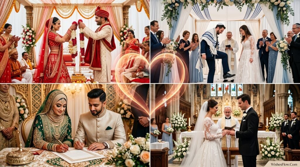 Four different cultural wedding ceremonies showing Hindu, Jewish, Muslim, and Christian traditions in beautiful celebration collage