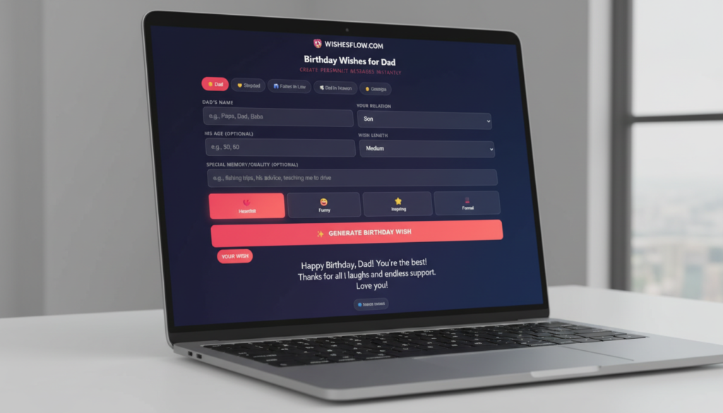 AI-powered birthday wish generator tool interface for creating dad messages