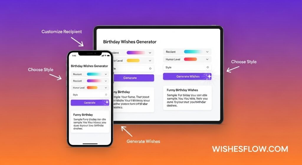 Preview of the free AI-powered funny birthday wishes generator tool showing interface and features