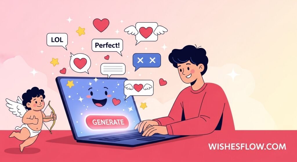 Happy person using free Valentine's Day wishes generator tool on phone with magical hearts floating - WishesFlow.com
