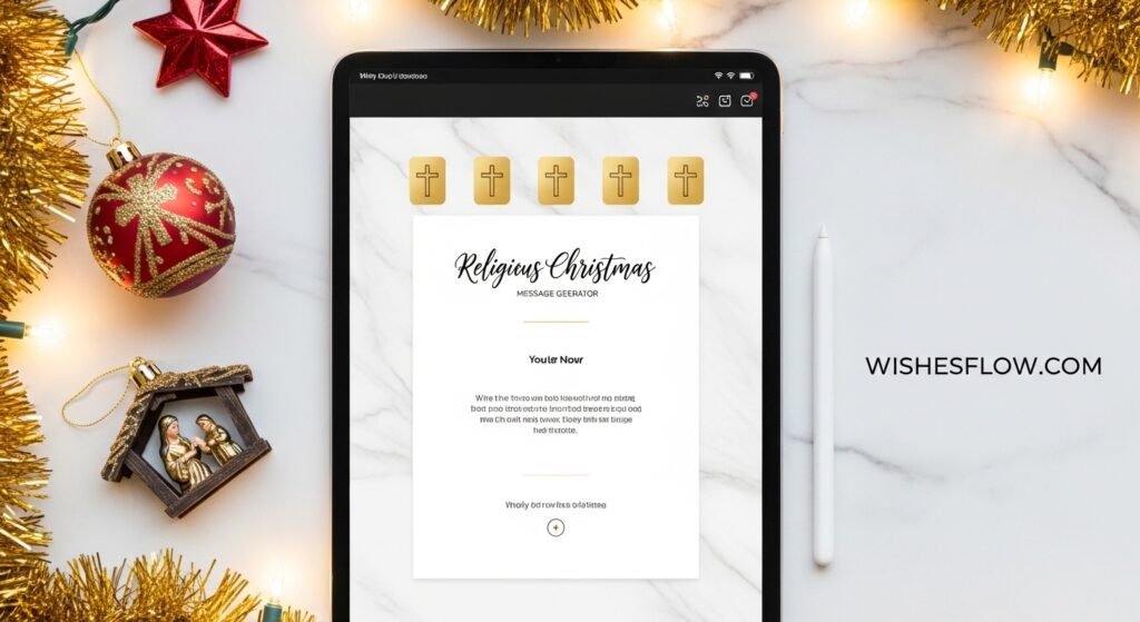 Tablet showing religious Christmas message generator tool with festive decorations