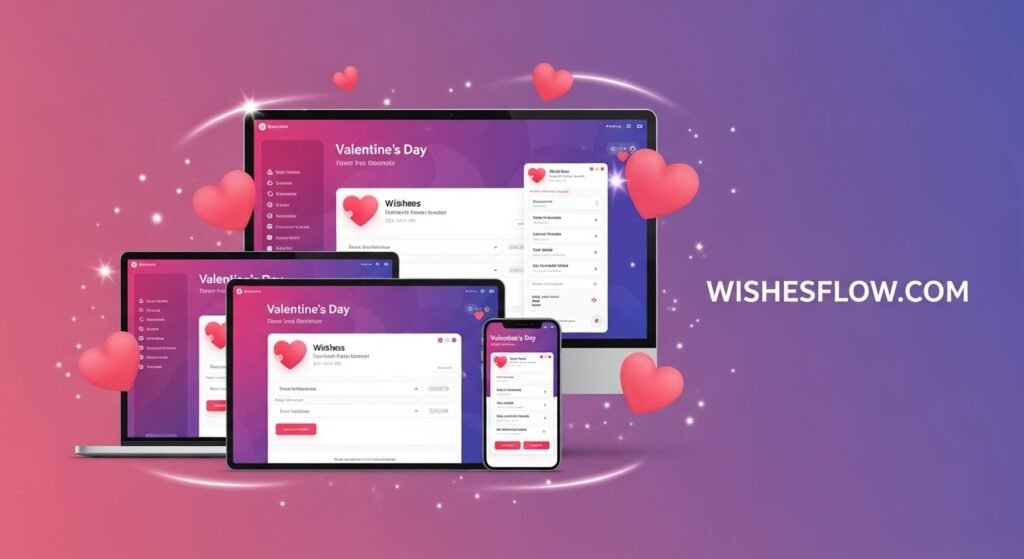 Multi-device mockup displaying Valentine's wishes generator tool interface on laptop, tablet, and smartphone