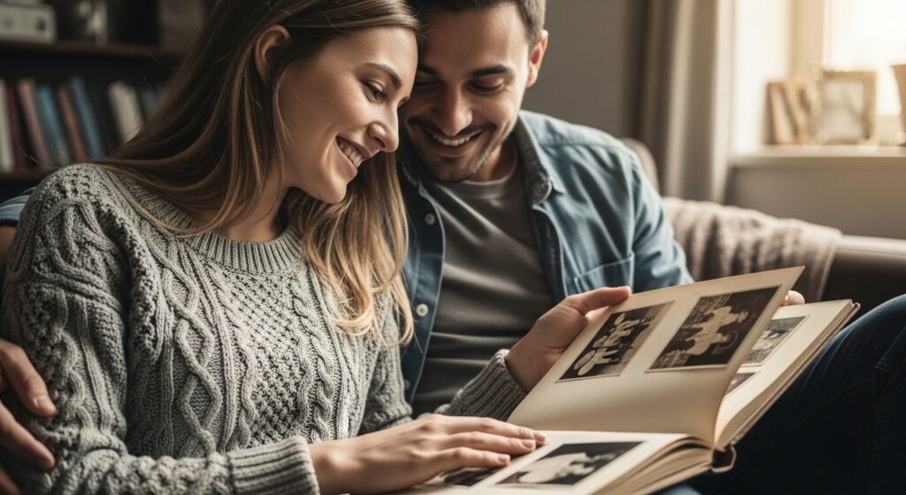 Best friends looking at photos and remembering their history together