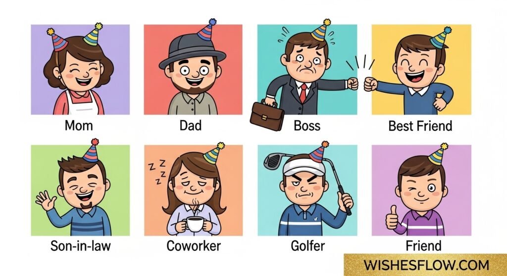Illustrated guide showing funny birthday wish ideas for family, friends, colleagues, and special interest groups
