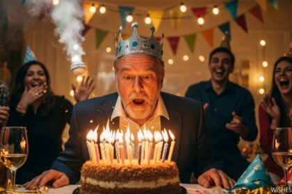 Funny birthday wishes for men showing a man with too many candles on his birthday cake