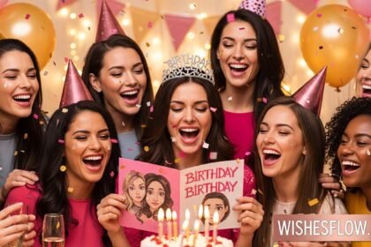 Group of women laughing at funny birthday wishes at a celebration party with balloons and cake