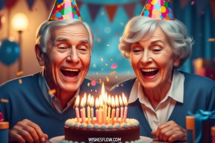An elderly couple laughing at a birthday cake with too many candles representing old age birthday jokes.
