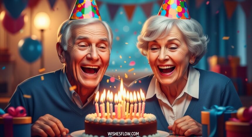 An elderly couple laughing at a birthday cake with too many candles representing old age birthday jokes.