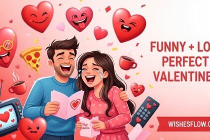 Cute cartoon couple laughing at funny Valentine's Day wishes with hearts and humor elements surrounding them - WishesFlow.com