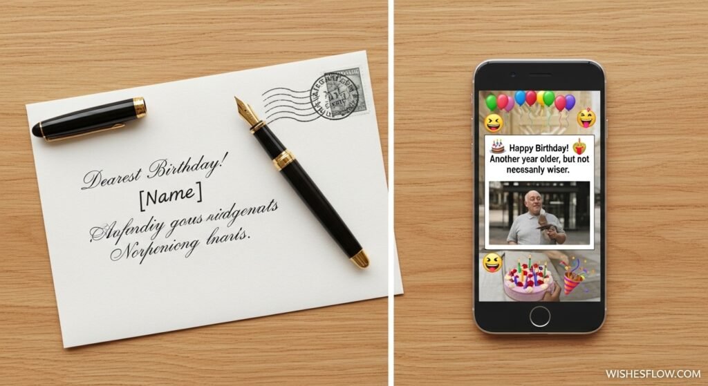 Comparison of a handwritten birthday card and a digital text message for birthday wishes.