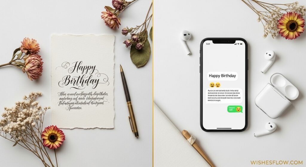 Side by side comparison of handwritten birthday card and digital text message birthday wish