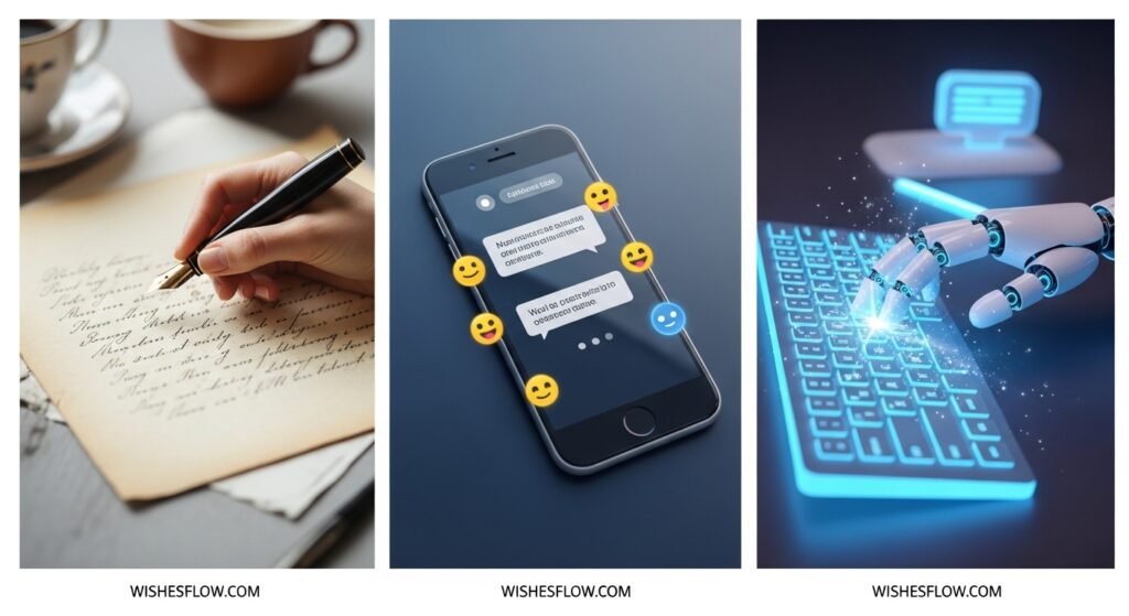 Three-panel comparison showing handwritten letter, digital message, and AI-generated wishes side by side