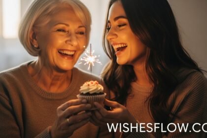 A mother-in-law and daughter-in-law laughing together celebrating a birthday with a cupcake.