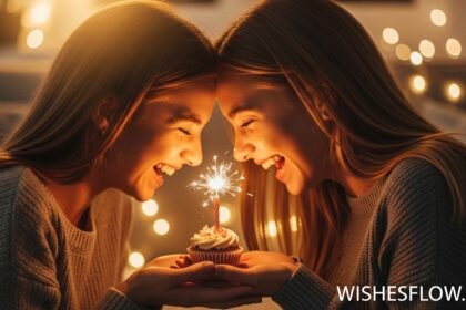 Two happy sisters laughing while holding a birthday cupcake