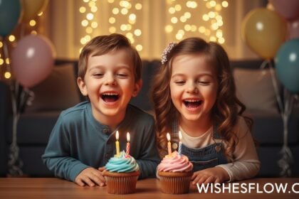 Two cute twins blowing out birthday candles on separate cakes, representing birthday wishes for twins.