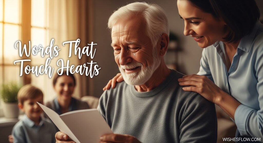Elderly father reading emotional birthday card with tears of joy showing heartfelt wishes impact