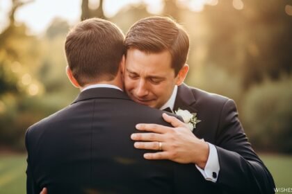 Emotional hug between brother and sibling at a wedding