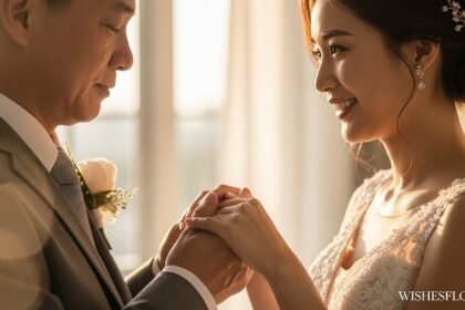 Father holding daughter's hands on her wedding day with emotional golden hour lighting — Wedding Wishes for Daughter