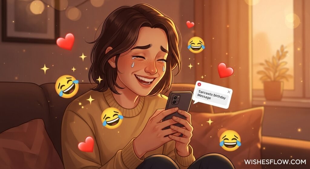 Person laughing and smiling while reading a funny sarcastic birthday wish on their phone showing how birthday messages impact relationships emotionally