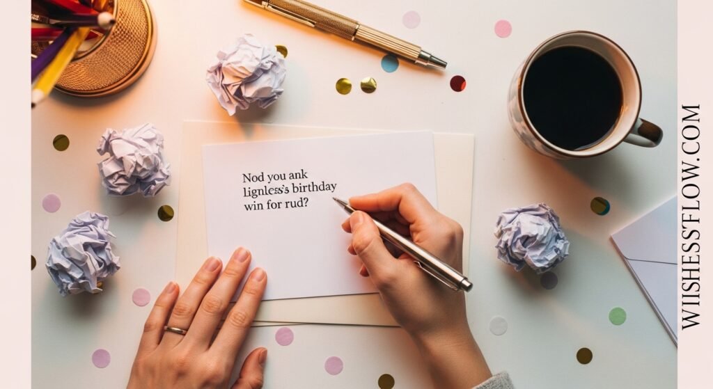Flat lay image of person writing rude birthday card with crumpled paper attempts, coffee cup, and confetti showing creative writing process