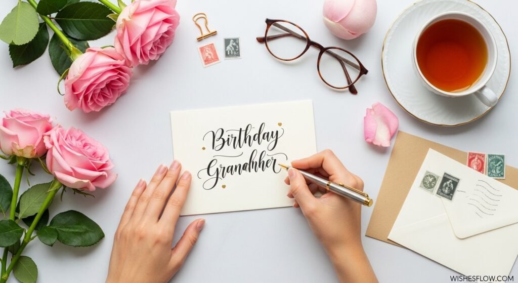 Hands writing heartfelt birthday message on greeting card surrounded by flowers and stationery