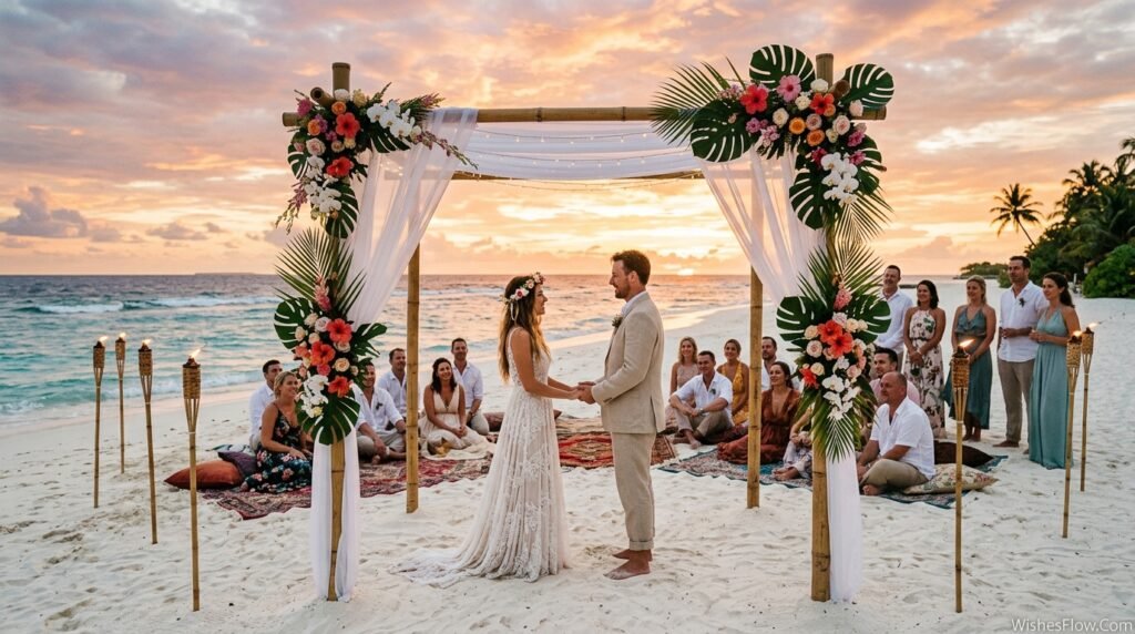 Intimate barefoot beach wedding ceremony at sunset with couple under bamboo arch, ocean waves, and small gathering of guests