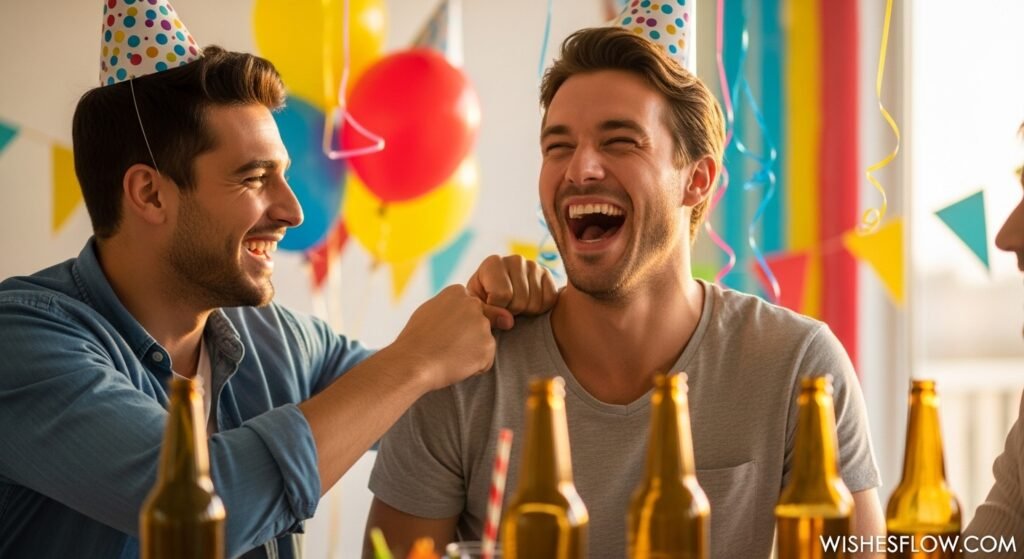 Friends laughing at funny birthday wishes showing male bonding through humor