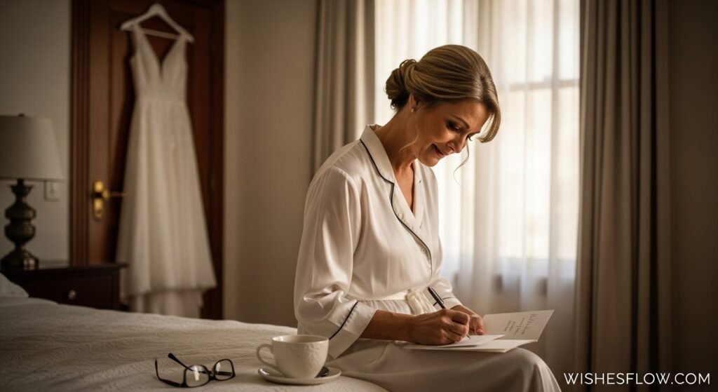 Mother writing a wedding card with a bridal dress in the background — How to Write Wedding Wishes for Daughter
