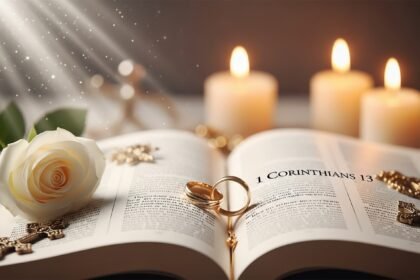 Beautiful religious wedding wishes with Bible, cross, and wedding rings on elegant white background