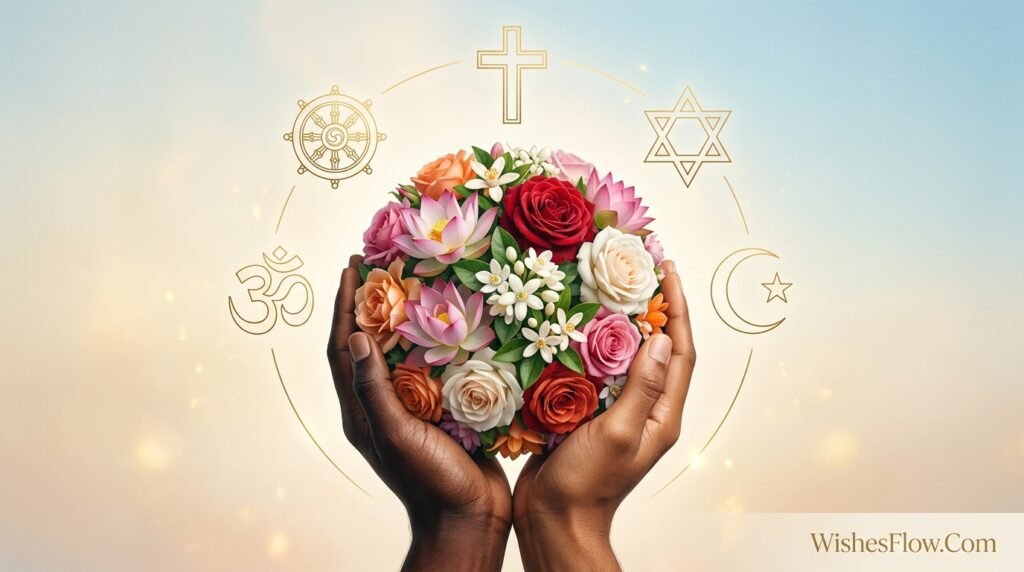 Diverse cultural and religious wedding symbols arranged harmoniously around hands holding floral globe representing multicultural celebration