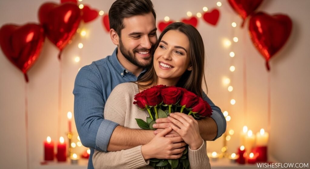 Happy married couple celebrating Valentine's Day with roses and embrace