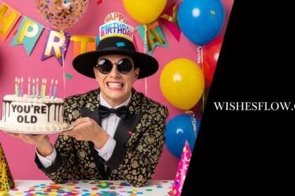 A person with mischievous grin holding a birthday cake with funny rude message and colorful balloons in background - Rude Birthday Wishes featured image