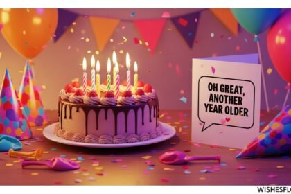 Sarcastic birthday wishes featured image showing a birthday cake with a funny sarcastic card and colorful party decorations by WishesFlow.com