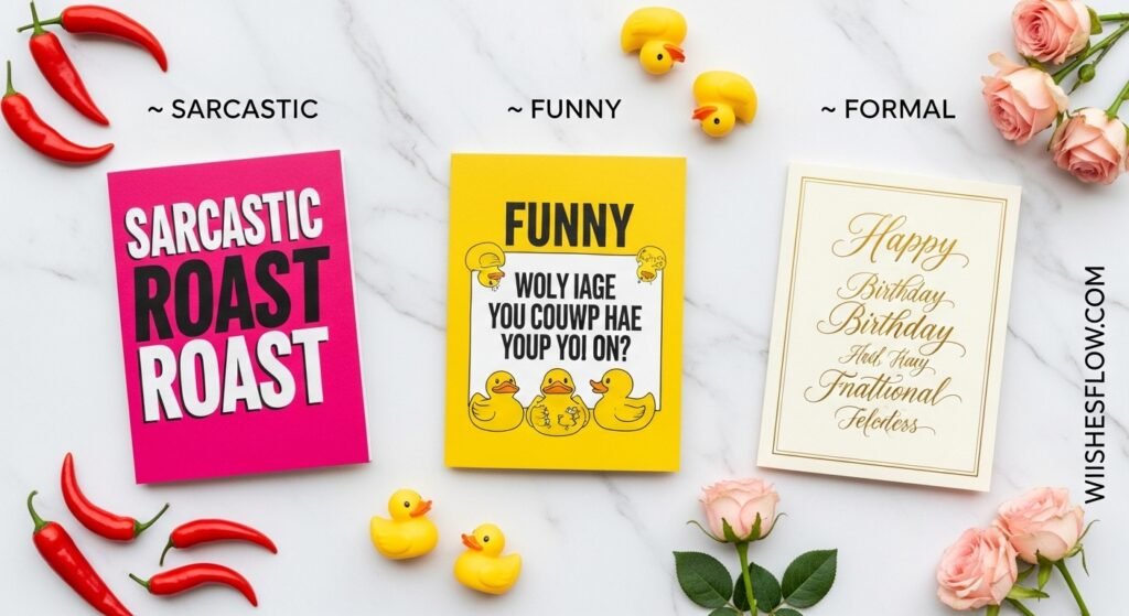 Three birthday cards comparing sarcastic funny and formal birthday wish tones side by side on a marble surface showing different styles and approaches